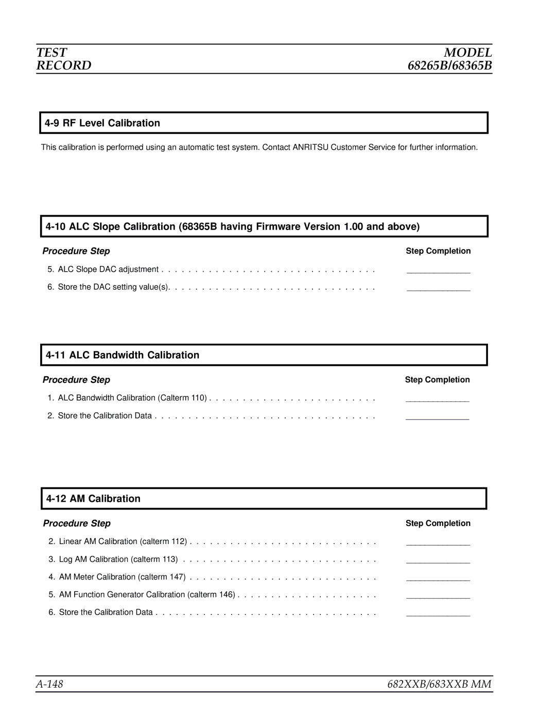 Anritsu manual Test Model Record, 148 682XXB/683XXB MM 