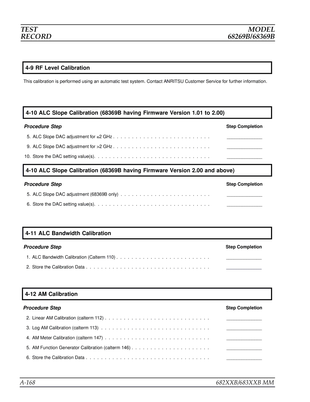 Anritsu manual 168 682XXB/683XXB MM, ALC Slope Calibration 68369B having Firmware Version 1.01 to 