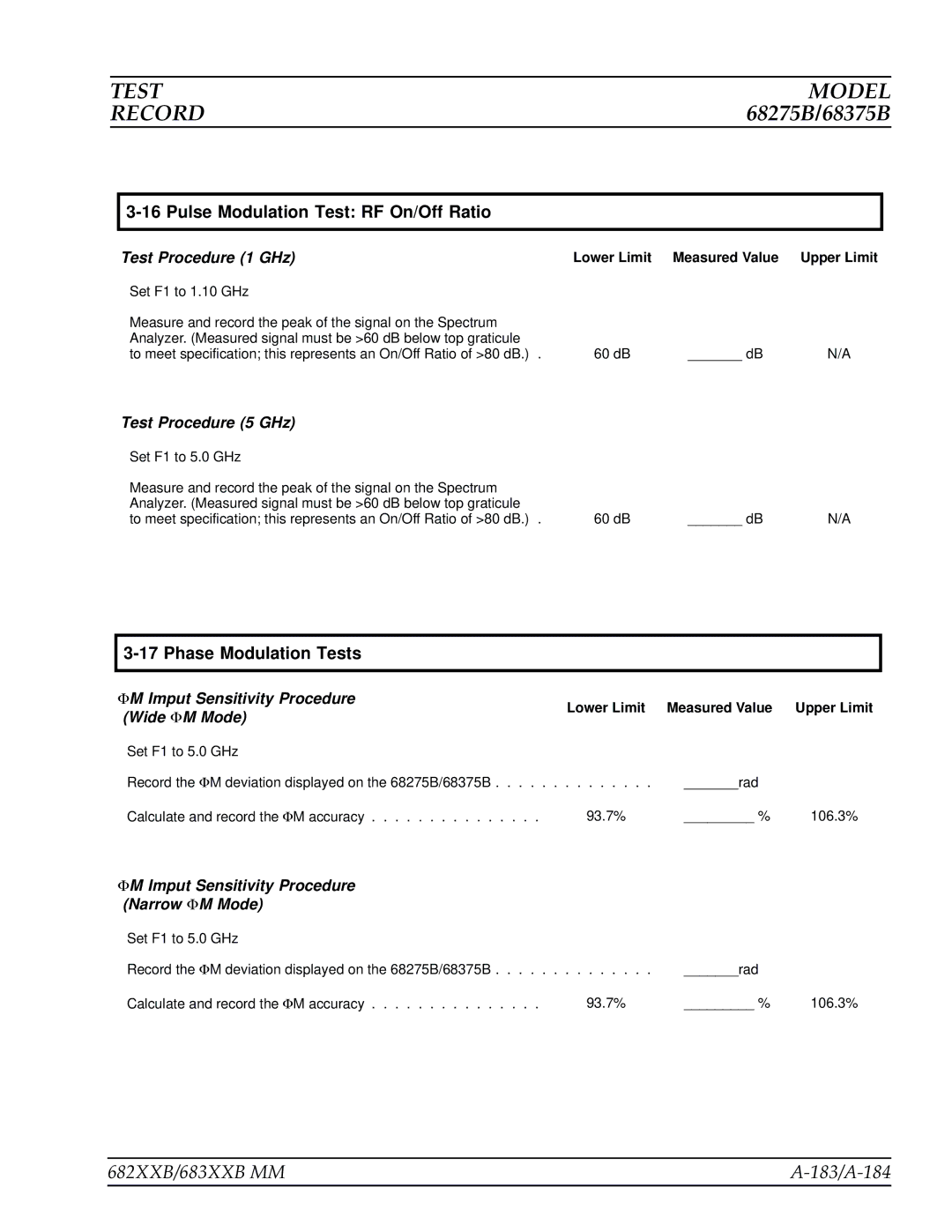 Anritsu manual 682XXB/683XXB MM 183/A-184, Pulse Modulation Test RF On/Off Ratio 