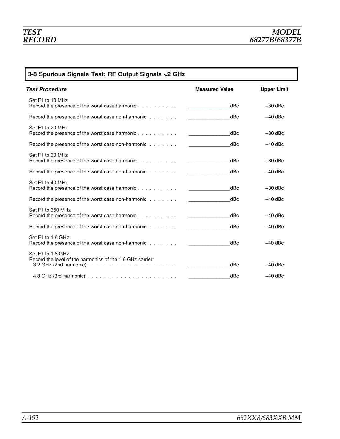 Anritsu manual 192 682XXB/683XXB MM, Spurious Signals Test RF Output Signals 2 GHz 