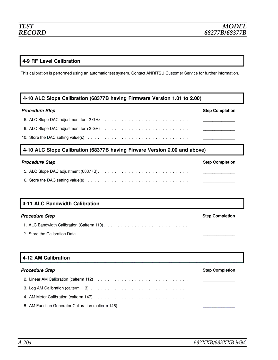 Anritsu manual 204 682XXB/683XXB MM, ALC Slope Calibration 68377B having Firmware Version 1.01 to 