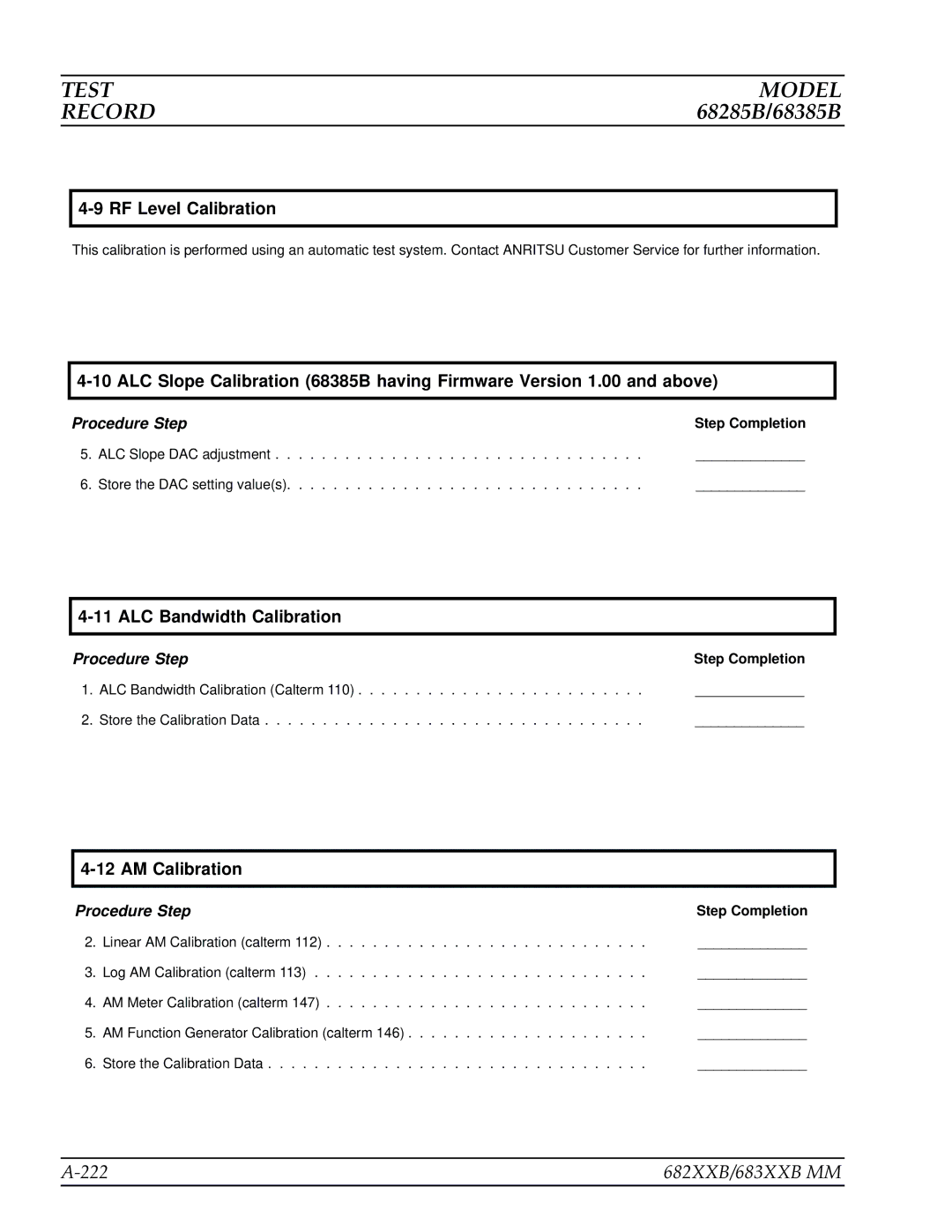 Anritsu manual Test Model Record, 222 682XXB/683XXB MM 