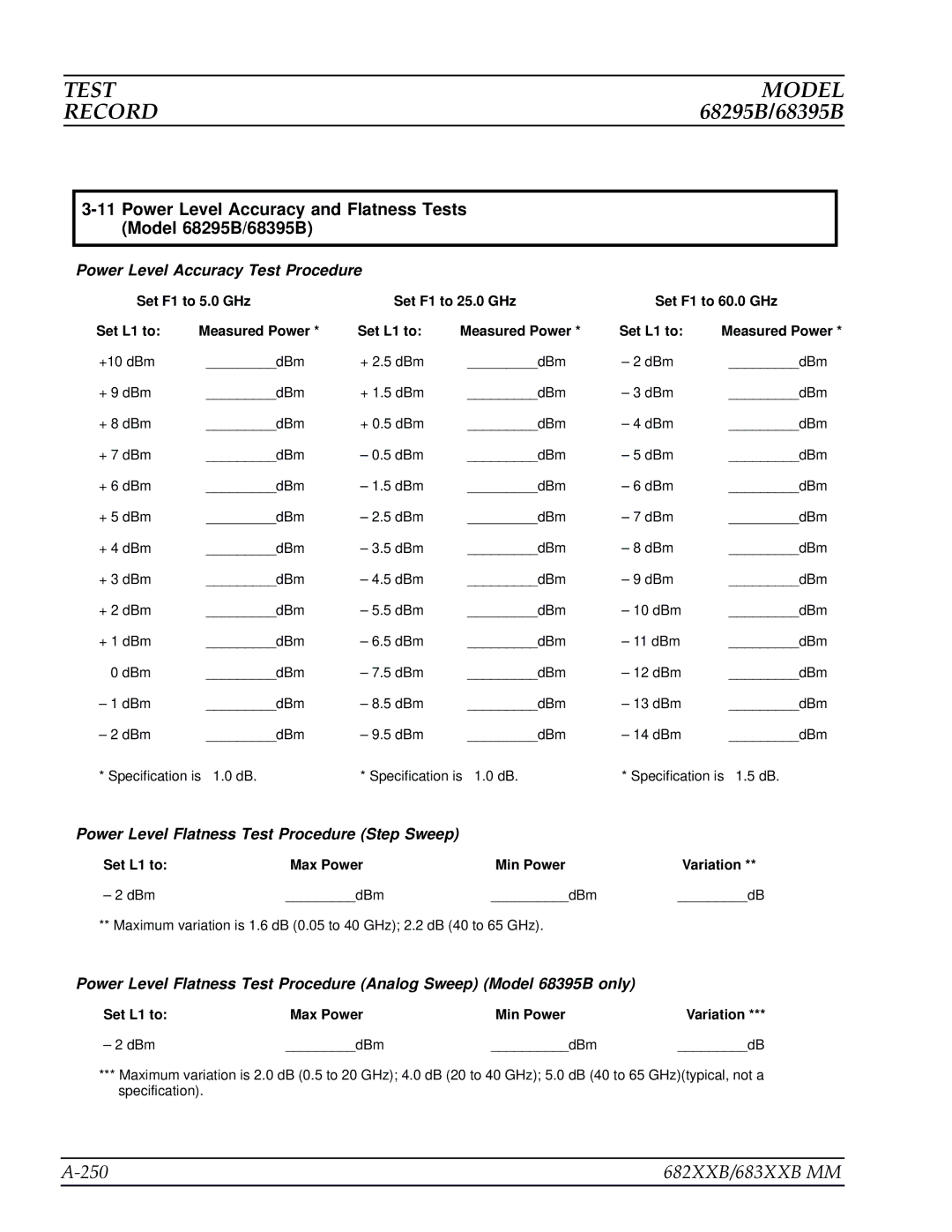 Anritsu manual 250 682XXB/683XXB MM, Power Level Accuracy and Flatness Tests Model 68295B/68395B 