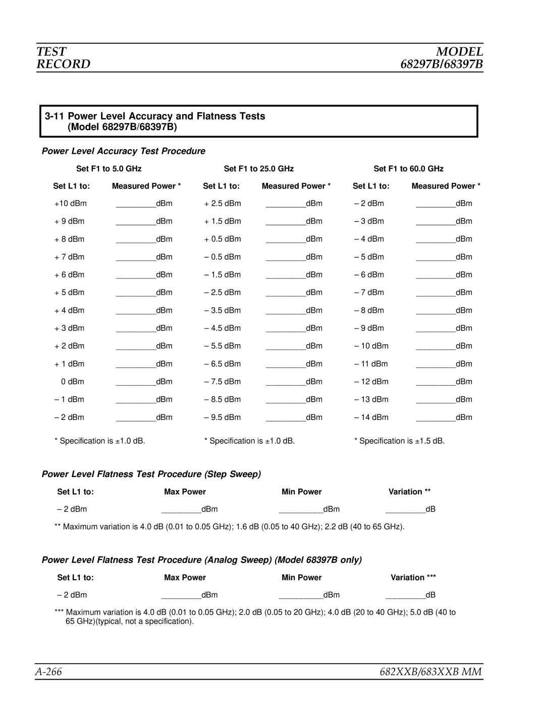 Anritsu manual 266 682XXB/683XXB MM, Power Level Accuracy and Flatness Tests Model 68297B/68397B 