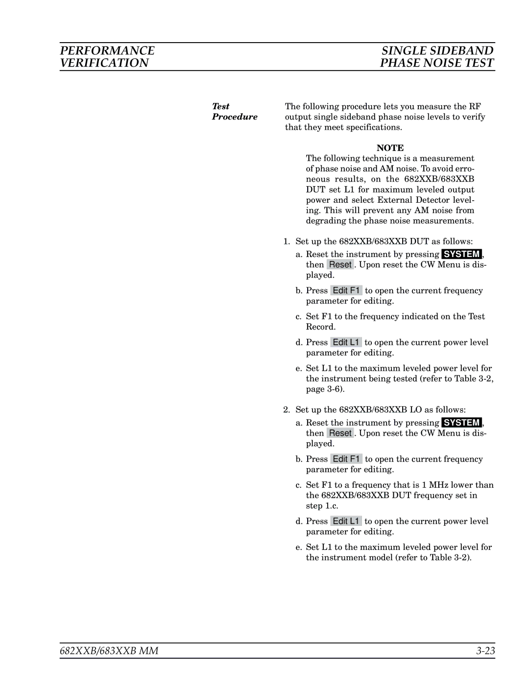 Anritsu 683XXB, 682XXB manual Performance Single Sideband Verification, Phase Noise Test 