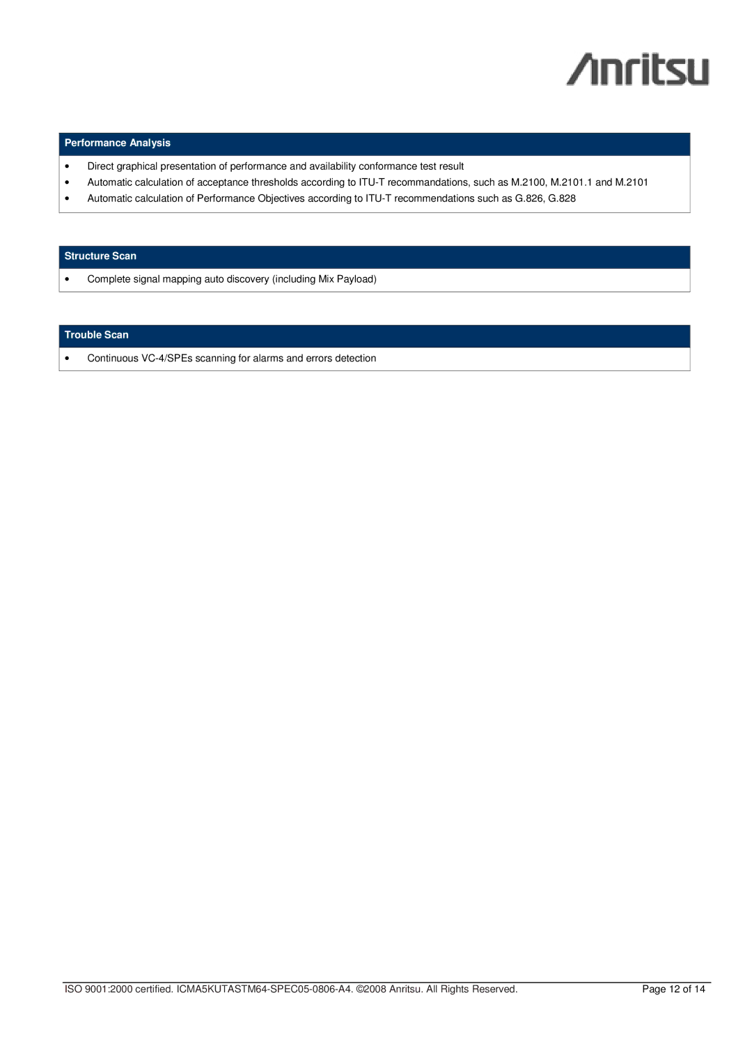 Anritsu CMA 5000 - UTA specifications Performance Analysis, Structure Scan, Trouble Scan 