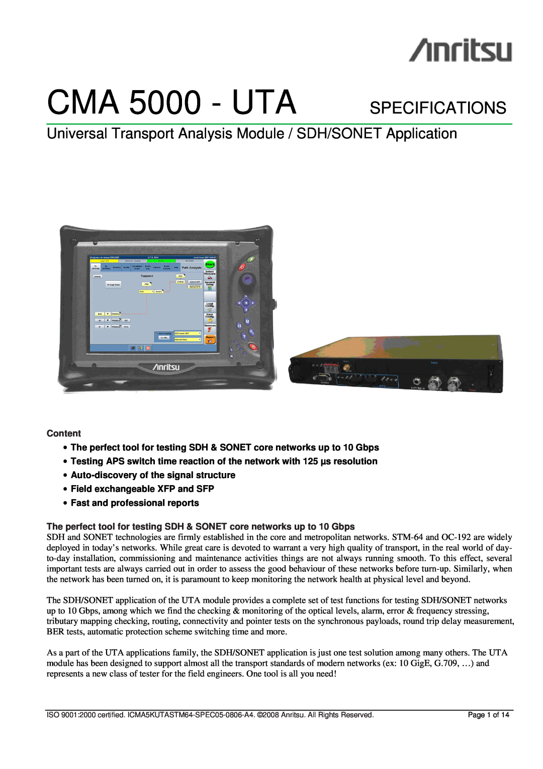 Anritsu CMA 5000 - UTA specifications Content, Auto-discoveryof the signal structure, Field exchangeable XFP and SFP 