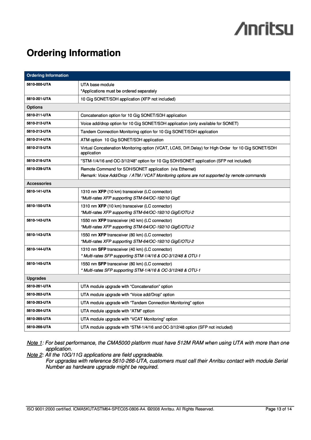 Anritsu CMA 5000 - UTA specifications Ordering Information, Options, Accessories, Upgrades 