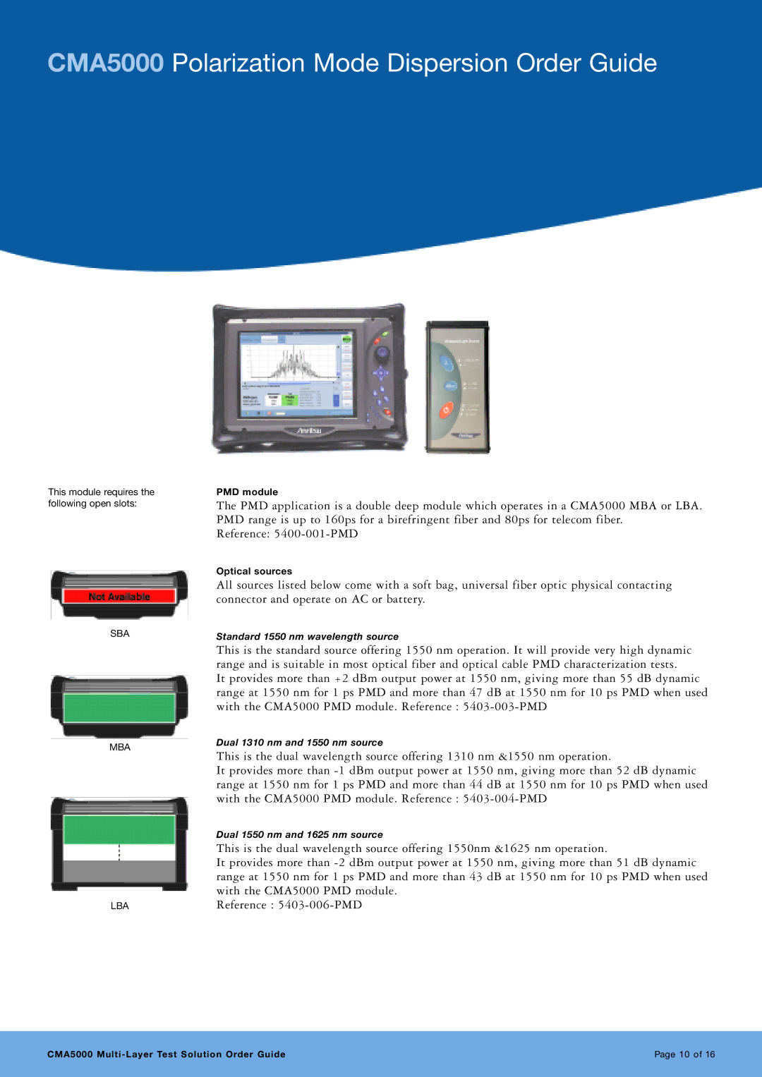 Anritsu manual CMA5000 Polarization Mode Dispersion Order Guide, PMD module, Optical sources 