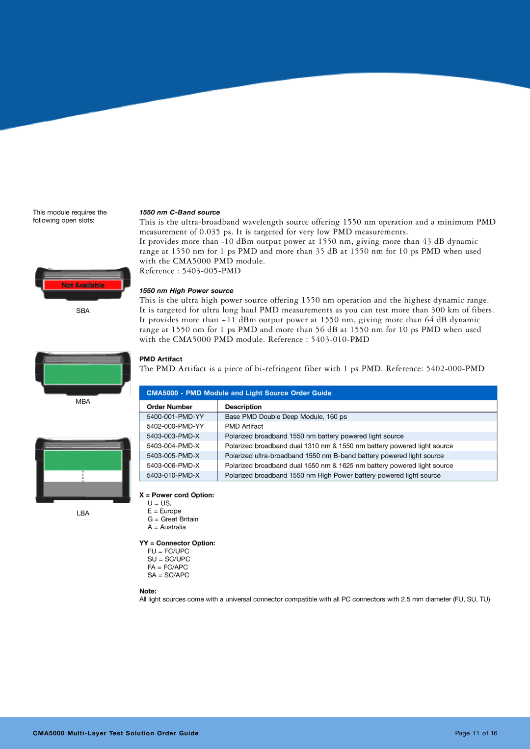 Anritsu PMD Artifact, CMA5000 PMD Module and Light Source Order Guide, Order Number Description, = Power cord Option 