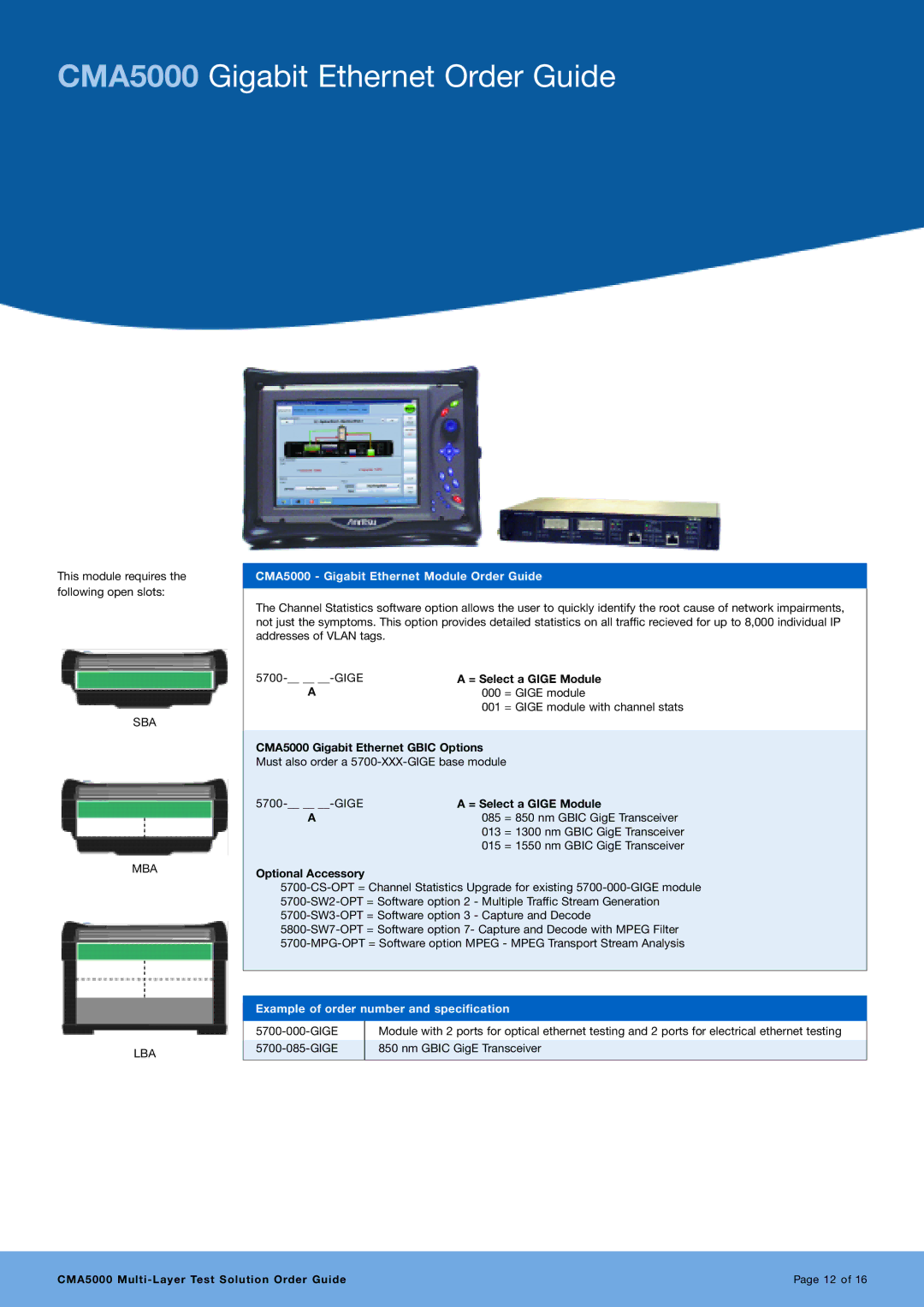 Anritsu manual CMA5000 Gigabit Ethernet Order Guide, CMA5000 Gigabit Ethernet Module Order Guide 