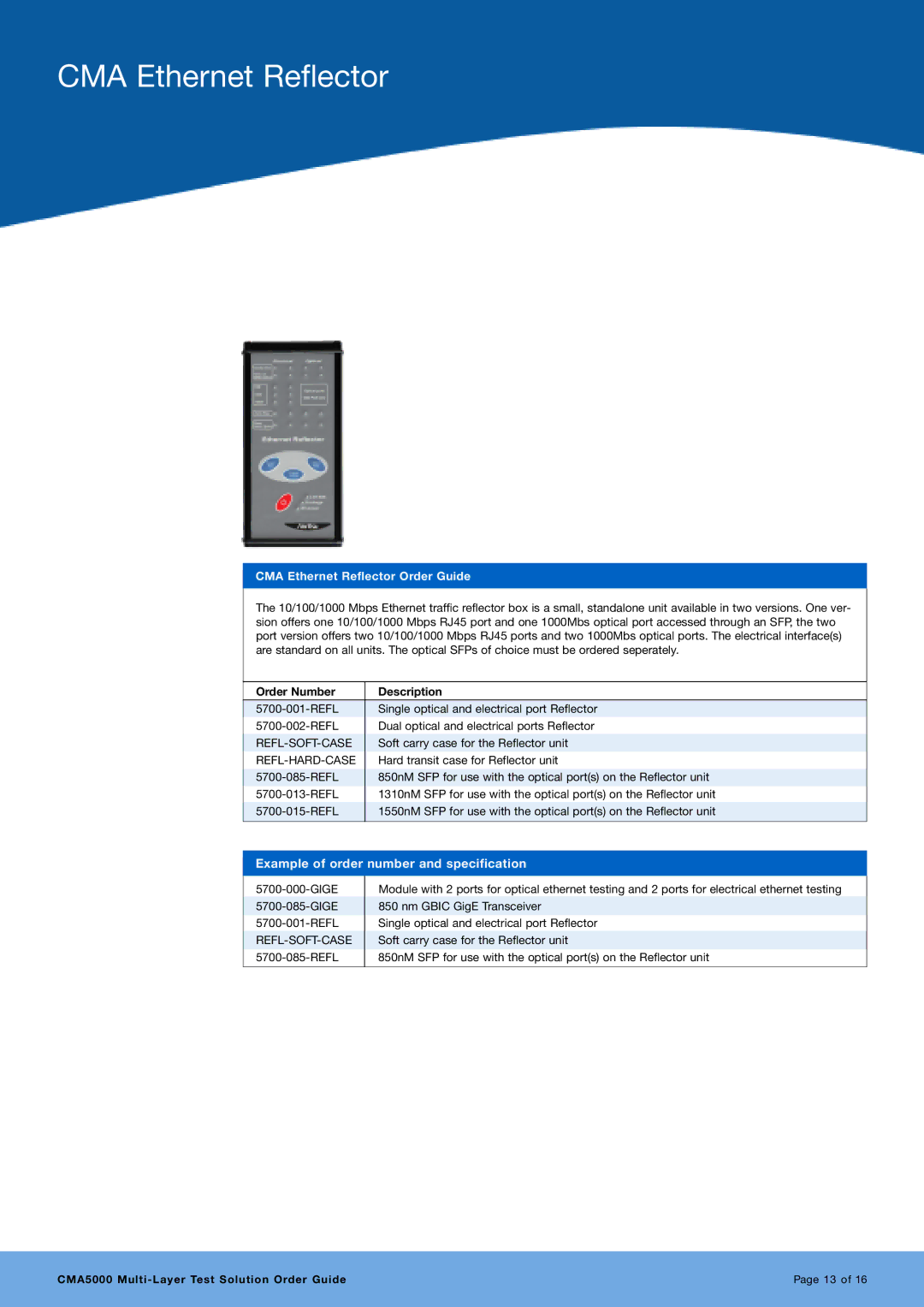 Anritsu CMA5000 manual CMA Ethernet Reflector Order Guide 