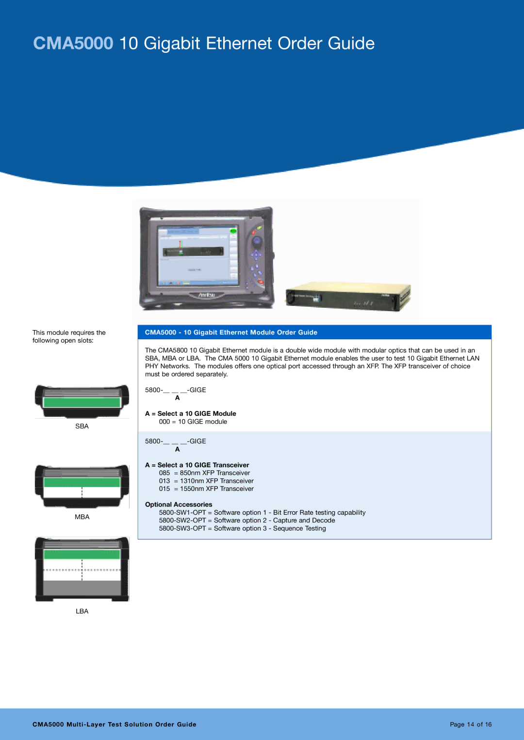 Anritsu CMA5000 10 Gigabit Ethernet Order Guide, CMA5000 10 Gigabit Ethernet Module Order Guide, Optional Accessories 