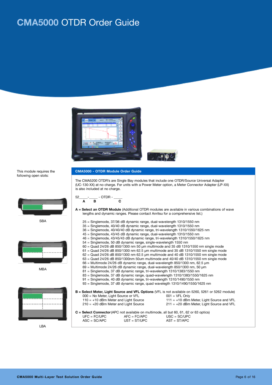 Anritsu manual CMA5000 Otdr Order Guide, CMA5000 Otdr Module Order Guide 