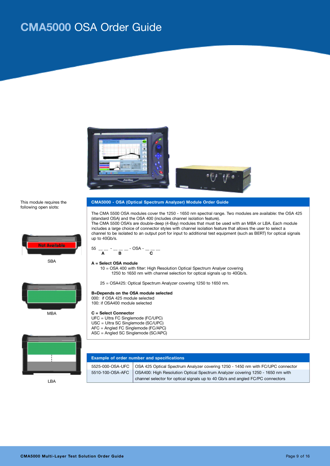 Anritsu manual CMA5000 OSA Order Guide, CMA5000 OSA Optical Spectrum Analyzer Module Order Guide, = Select OSA module 