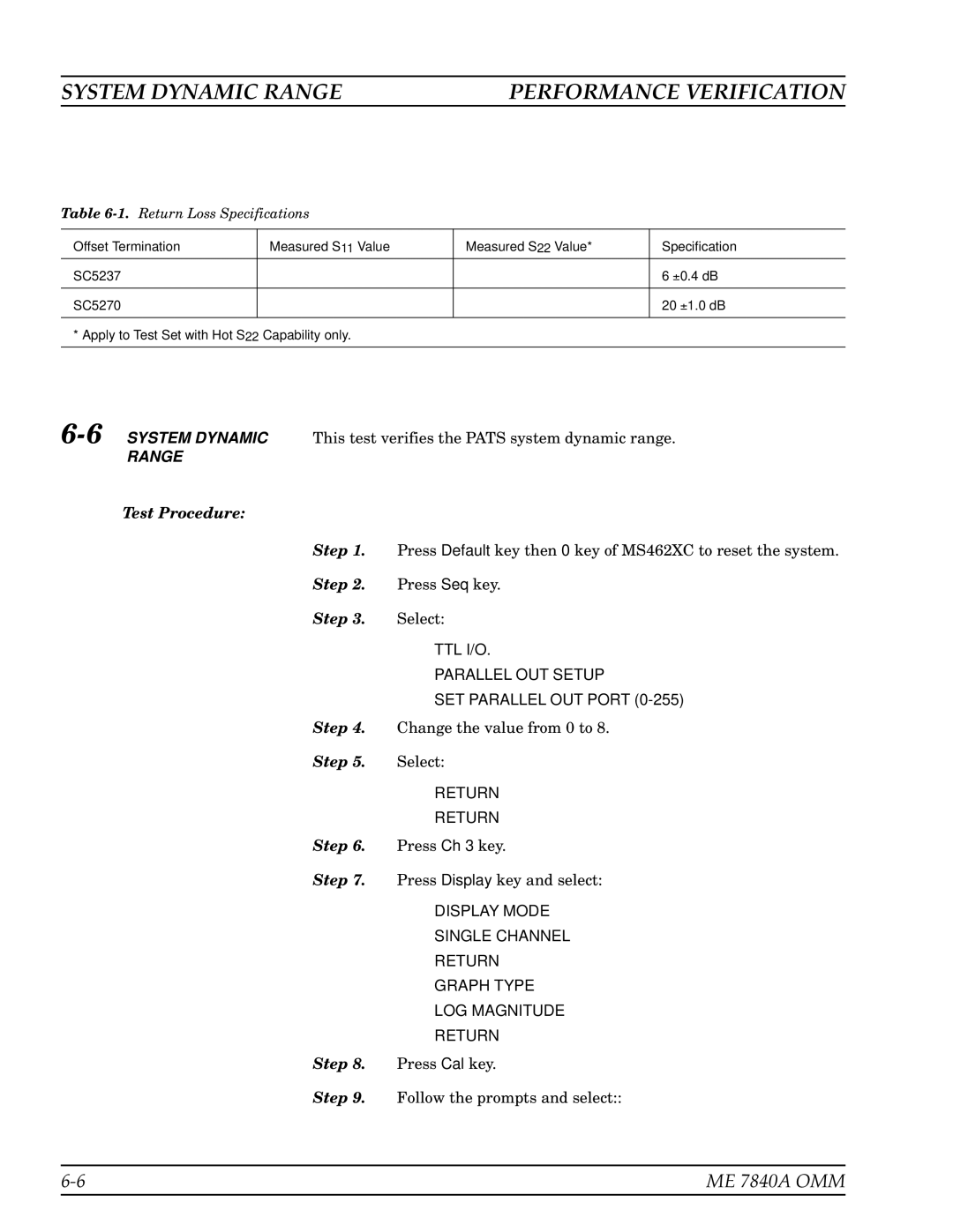 Anritsu ME7840A manual System Dynamic Range, This test verifies the Pats system dynamic range 