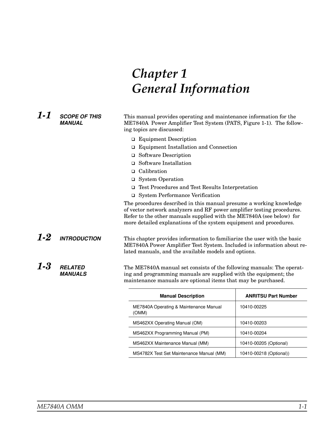 Anritsu ME7840A manual Chapter General Information 