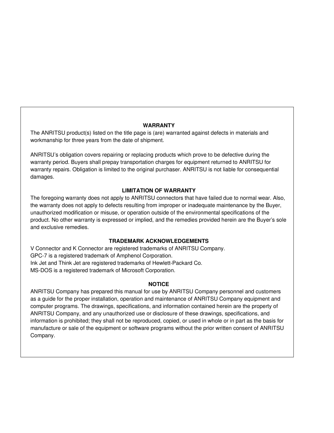 Anritsu ME7840A manual Warranty 