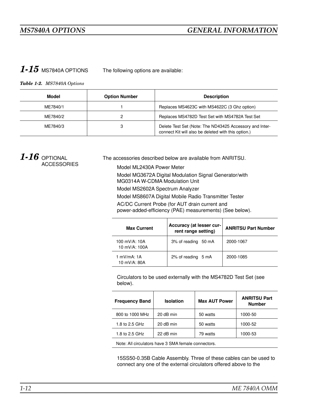 Anritsu ME7840A manual MS7840A Options General Information, 15MS7840A Options, 16OPTIONAL, Accessories 
