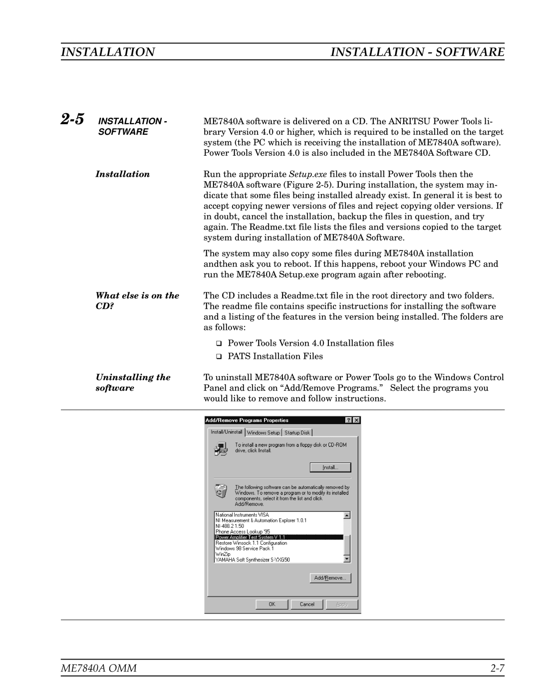 Anritsu ME7840A manual Installation Installation Software, 5INSTALLATION 