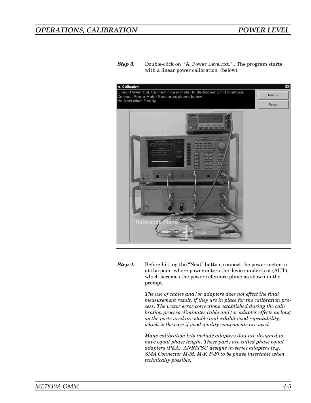 Anritsu ME7840A manual OPERATIONS, Calibration Power Level 