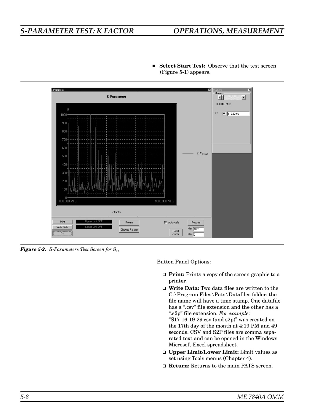 Anritsu ME7840A manual Parameter Test K Factor OPERATIONS, Measurement, S-Parameters Test Screen for S21 