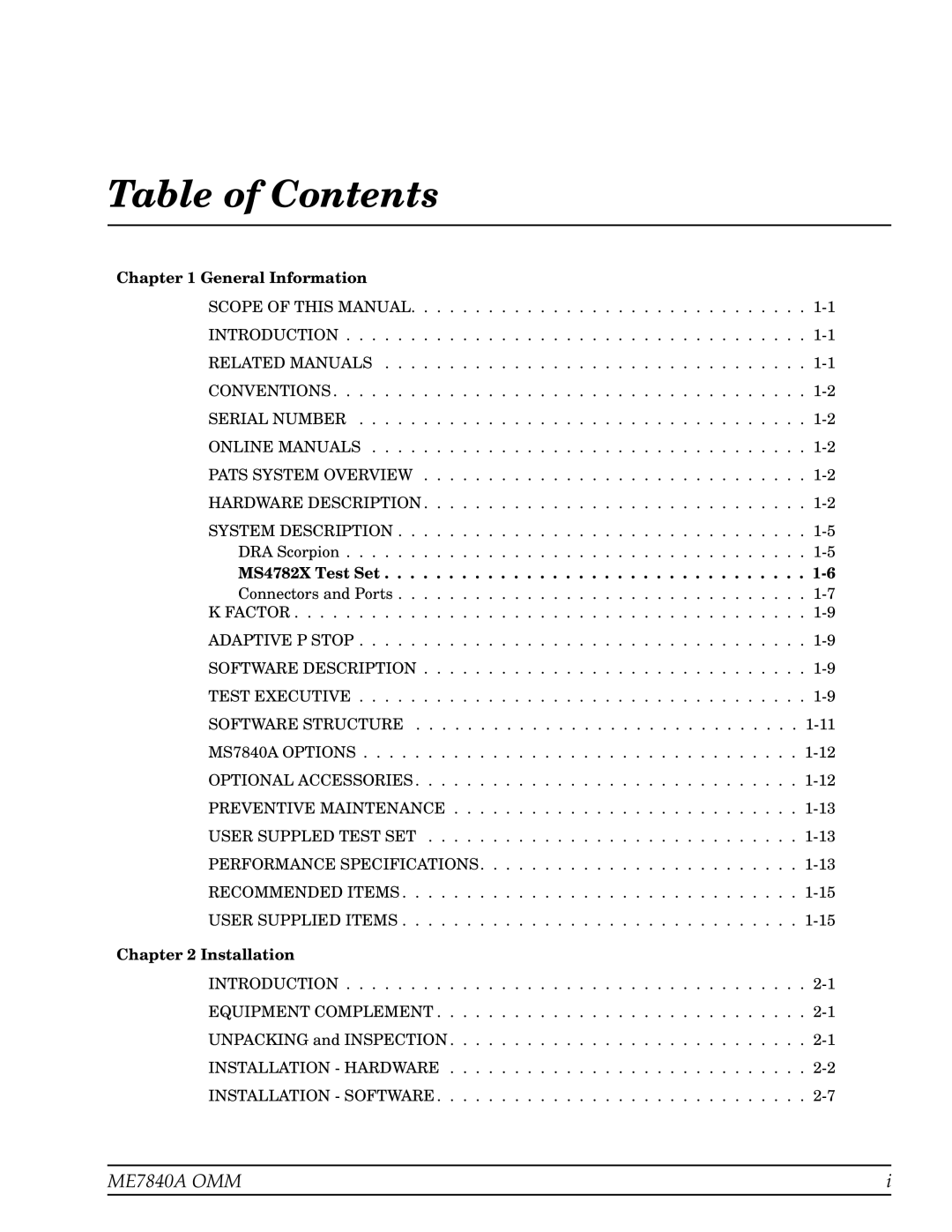 Anritsu ME7840A manual Table of Contents 