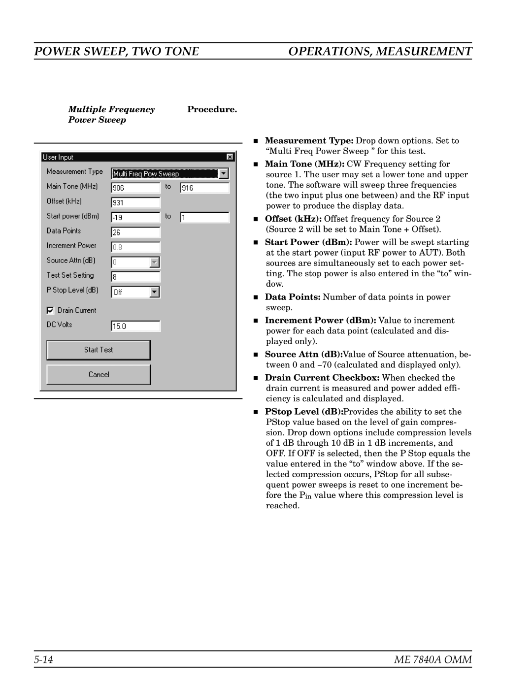 Anritsu ME7840A manual Multiple Frequency Procedure Power Sweep 