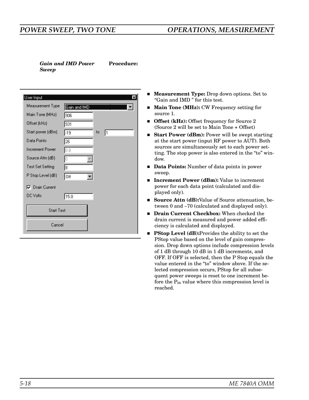 Anritsu ME7840A manual Gain and IMD Power Procedure Sweep 