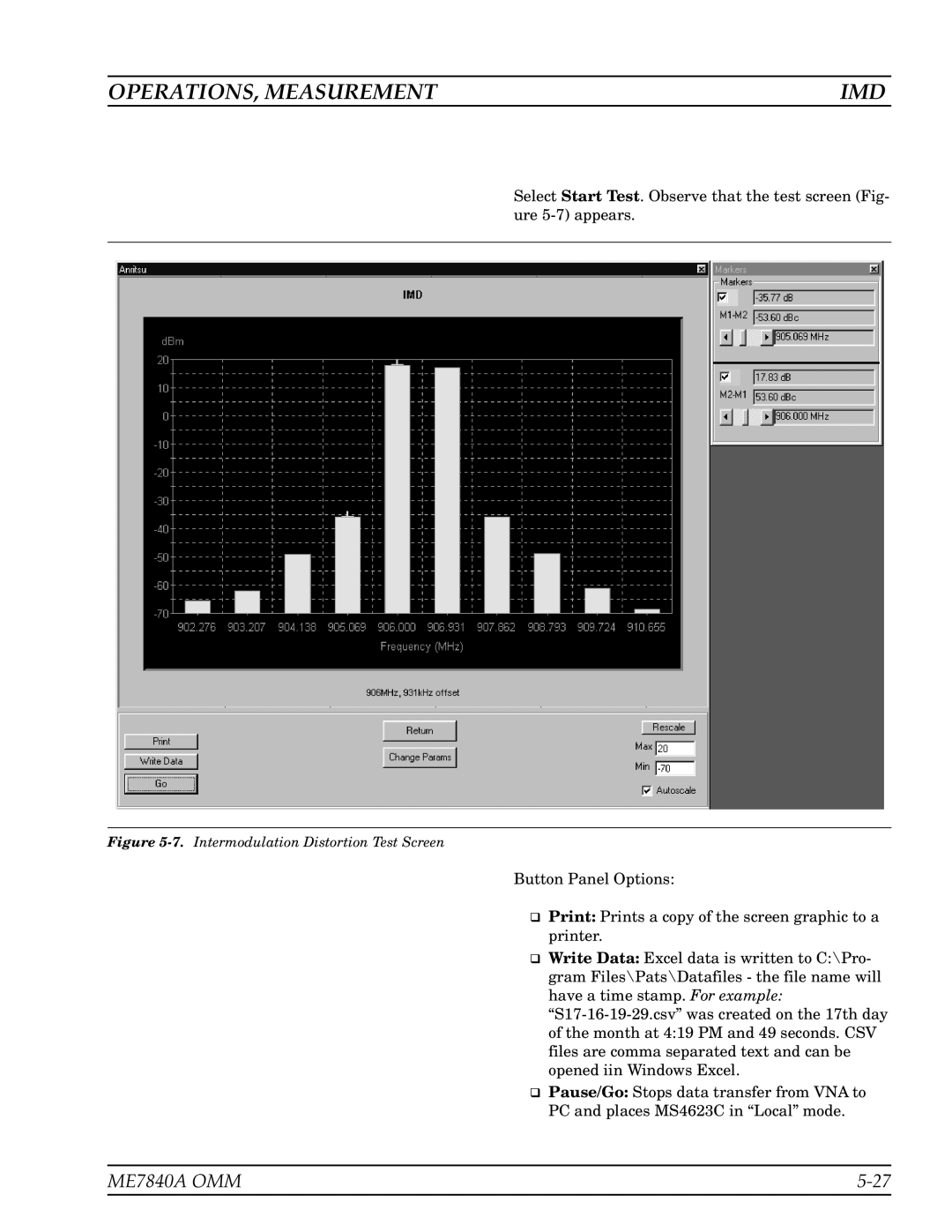 Anritsu ME7840A manual OPERATIONS, Measurement IMD, Intermodulation Distortion Test Screen 