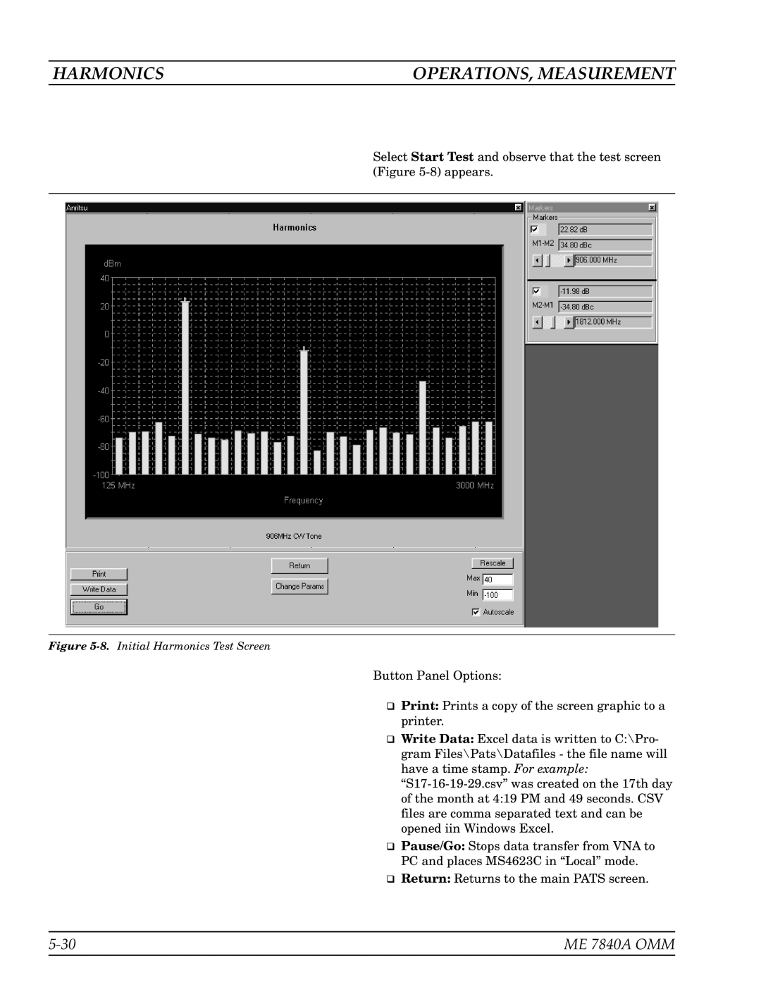 Anritsu ME7840A manual Harmonics OPERATIONS, Measurement, Initial Harmonics Test Screen 