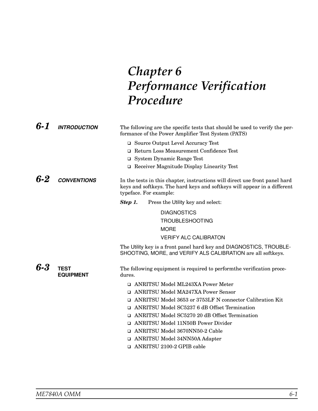 Anritsu ME7840A manual Chapter Performance Verification Procedure, Diagnostics Troubleshooting More Verify ALC Calibraton 