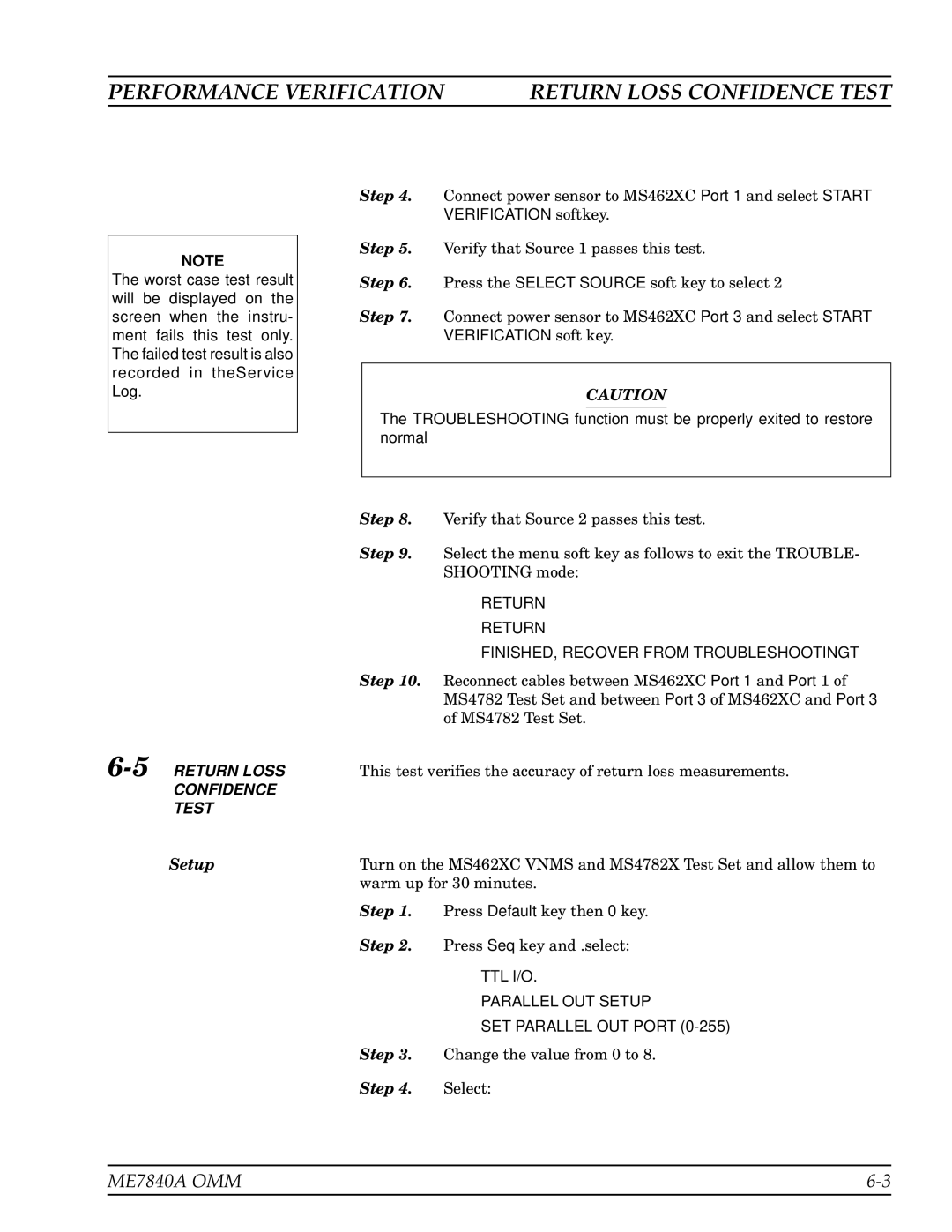 Anritsu ME7840A manual Performance Verification, Return Loss Confidence Test, 5RETURN Loss 