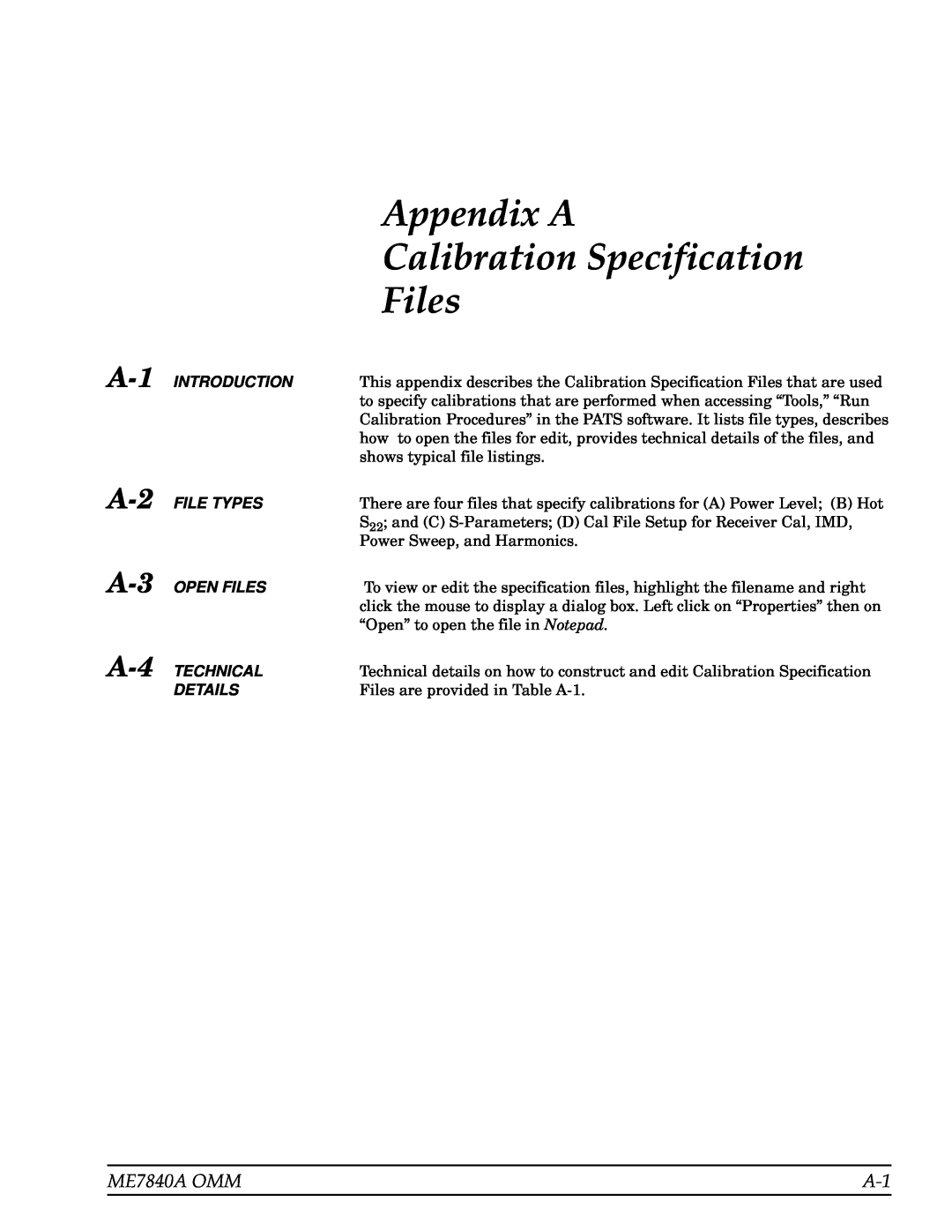 Anritsu manual Appendix A, Calibration Specification, ME7840A OMM, Introduction, File Types, Open Files, Technical 