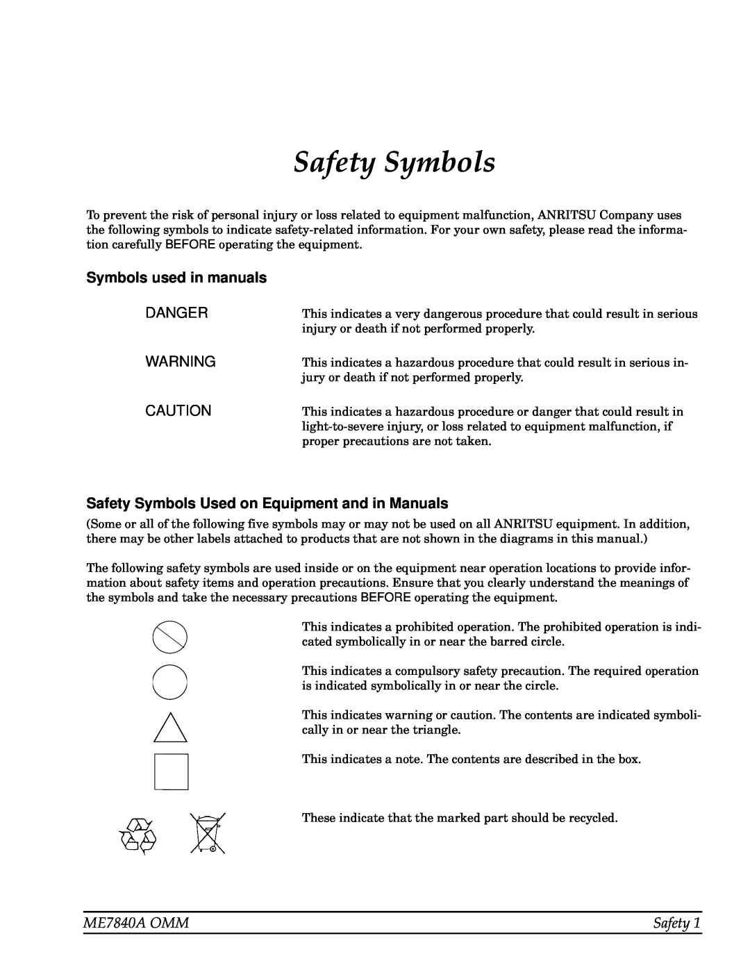 Anritsu Danger, ME7840A OMM, Symbols used in manuals, Safety Symbols Used on Equipment and in Manuals 