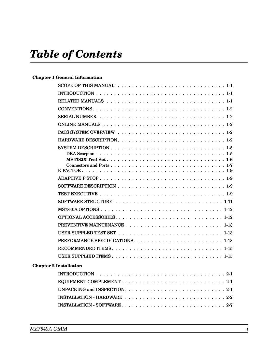 Anritsu manual Table of Contents, ME7840A OMM, General Information, Installation 