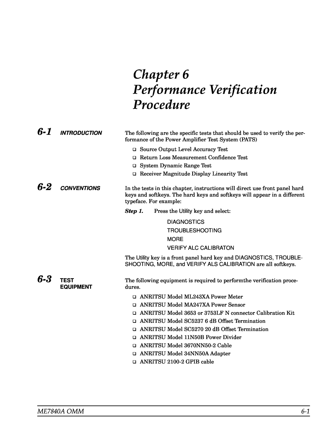 Anritsu Chapter Performance Verification Procedure, 6-1, Test, ME7840A OMM, Introduction, Conventions, Step, Equipment 