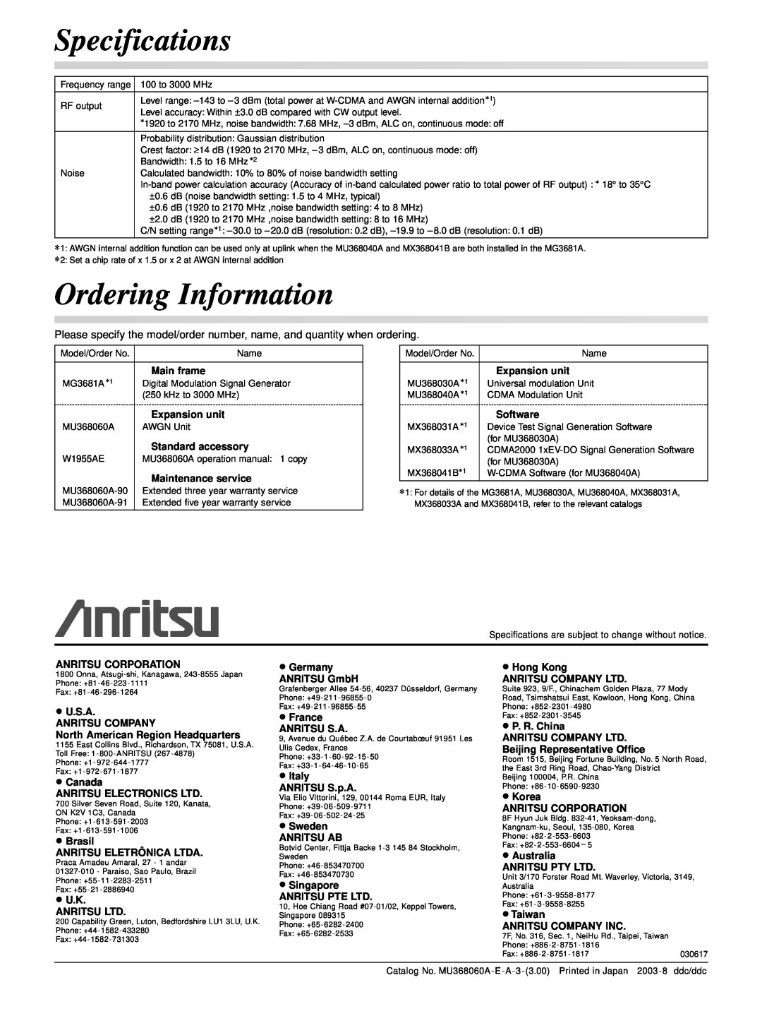 Anritsu MG3681A manual Specifications, Ordering Information 