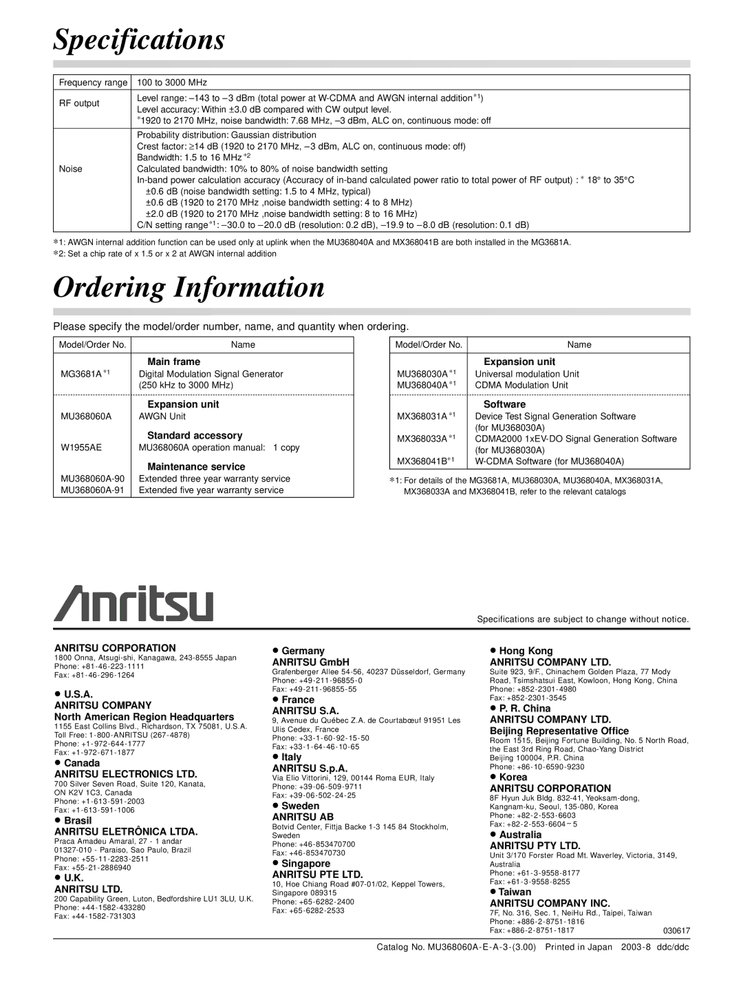 Anritsu MG3681A manual Specifications, Ordering Information 