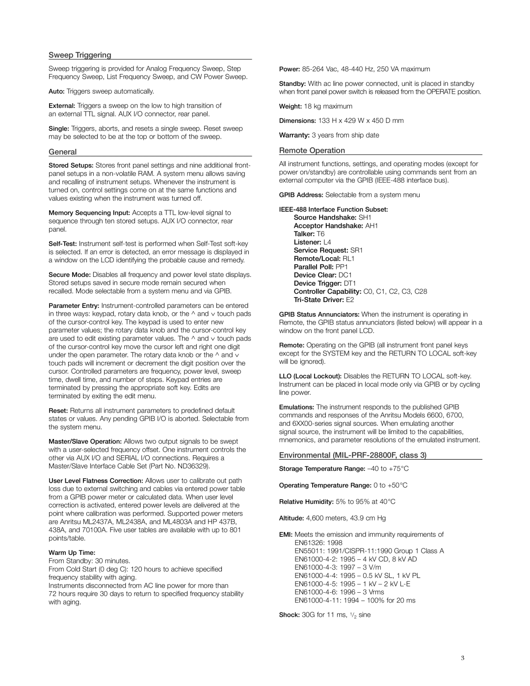 Anritsu MG3690A manual Sweep Triggering, General, Remote Operation, Environmental MIL-PRF-28800F, class 