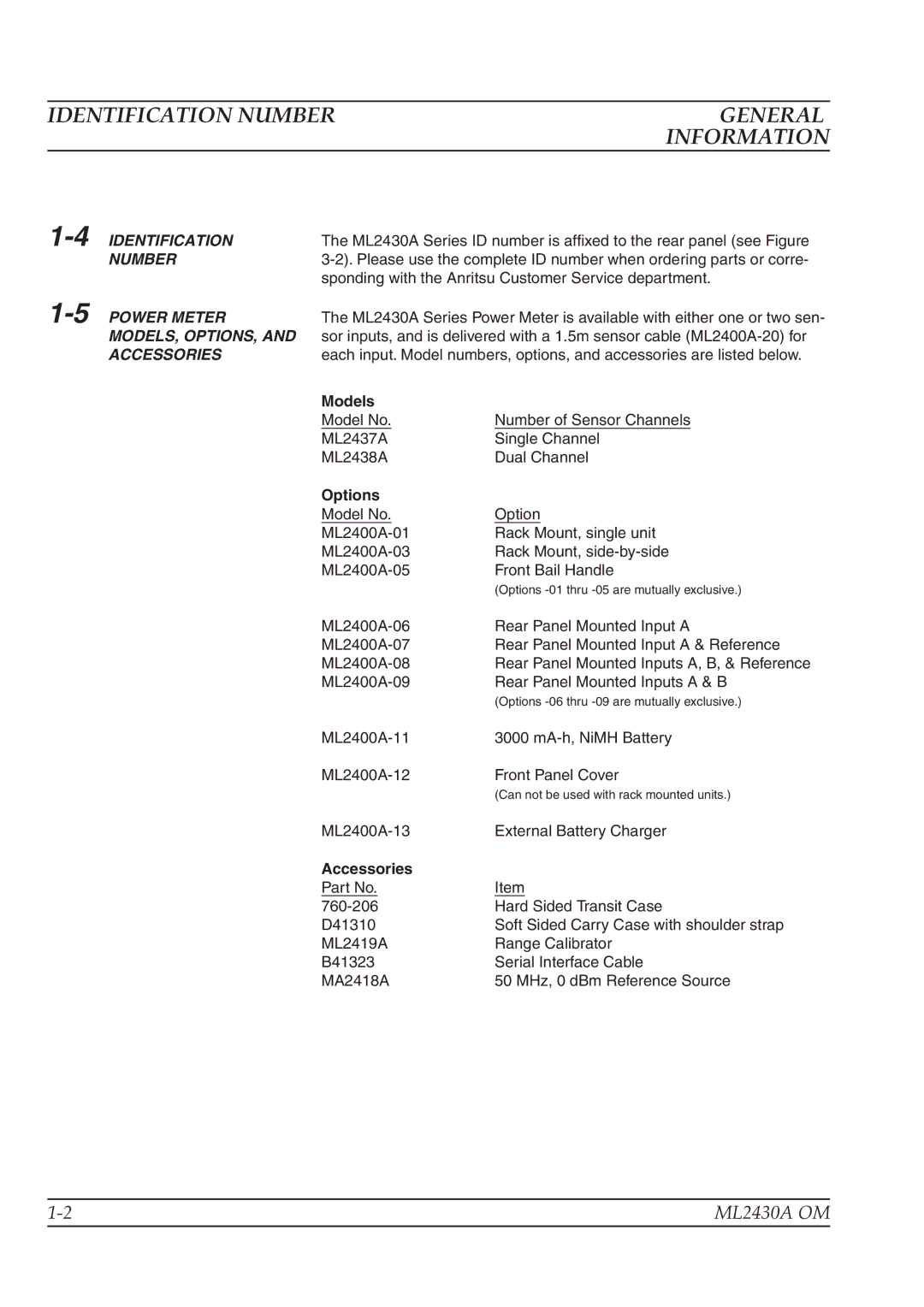 Anritsu ML2430A operation manual Identification Number General, Information 