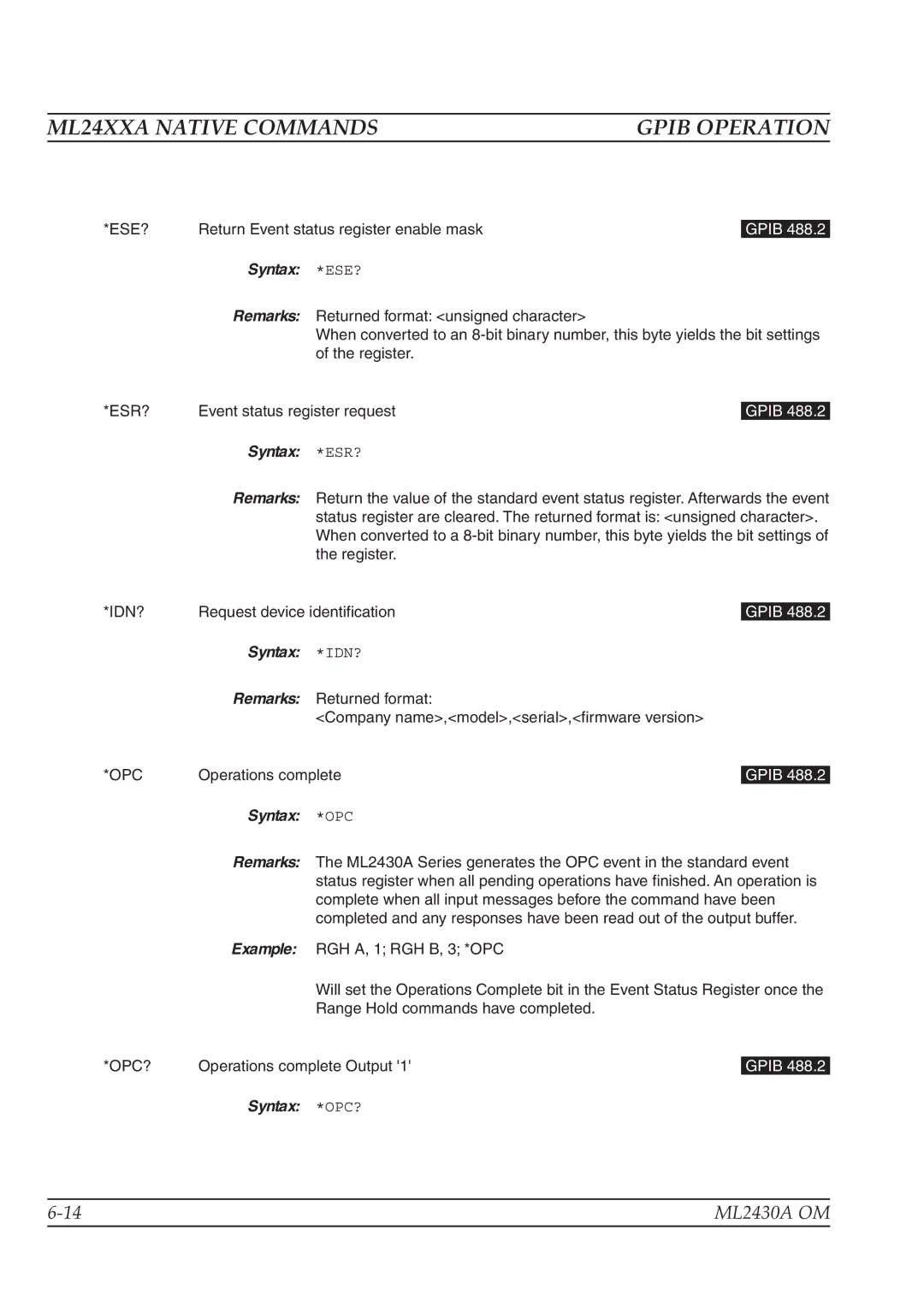 Anritsu ML2430A operation manual Example, Syntax *OPC? 