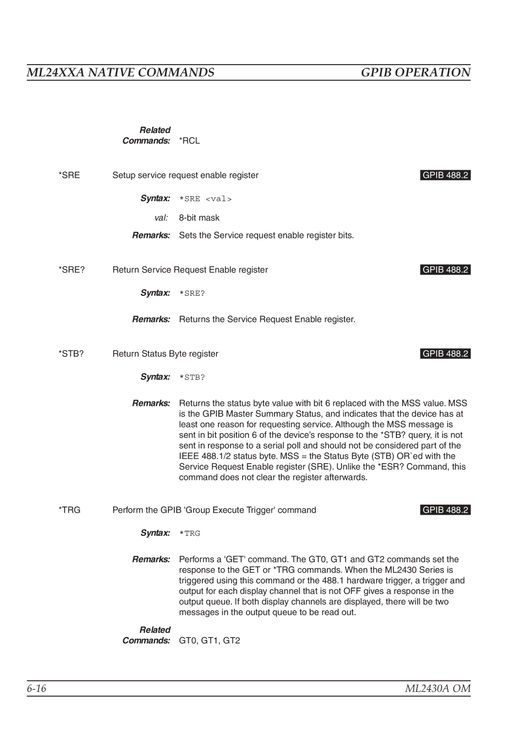 Anritsu ML2430A operation manual Related Commands *RCL, Syntax *SRE?, Syntax *STB?, Syntax *TRG 