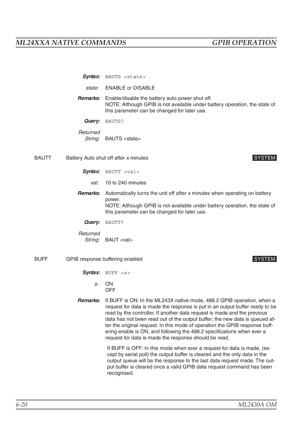 Anritsu ML2430A State Enable or Disable, Returned String Bauts state, Battery Auto shut off after x minutes 