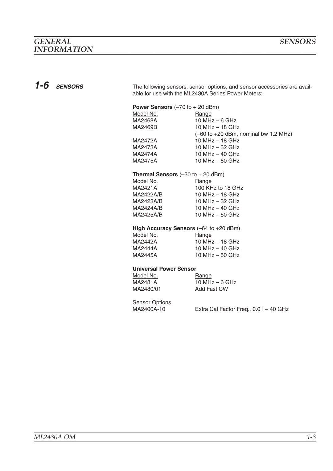 Anritsu ML2430A operation manual Information, 6SENSORS, High Accuracy Sensors -64 to +20 dBm, Universal Power Sensor 