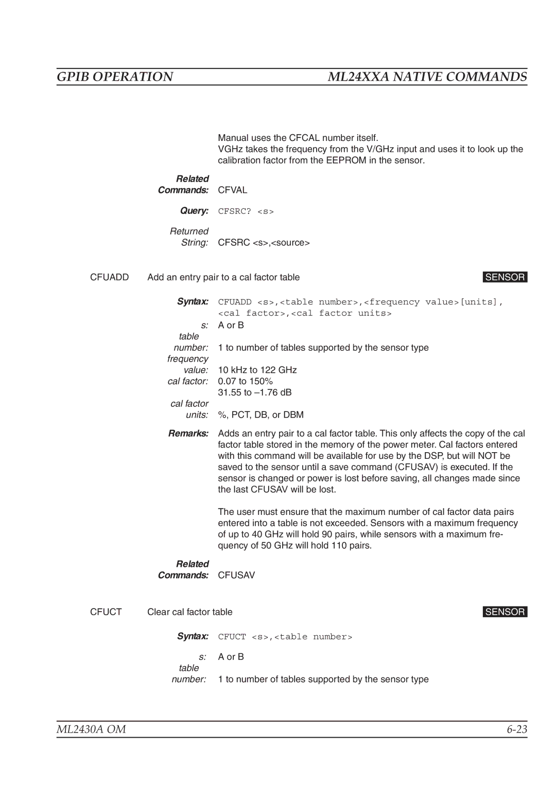 Anritsu ML2430A operation manual Related Commands Cfval, Cal factor, Related Commands Cfusav, Cfuct 