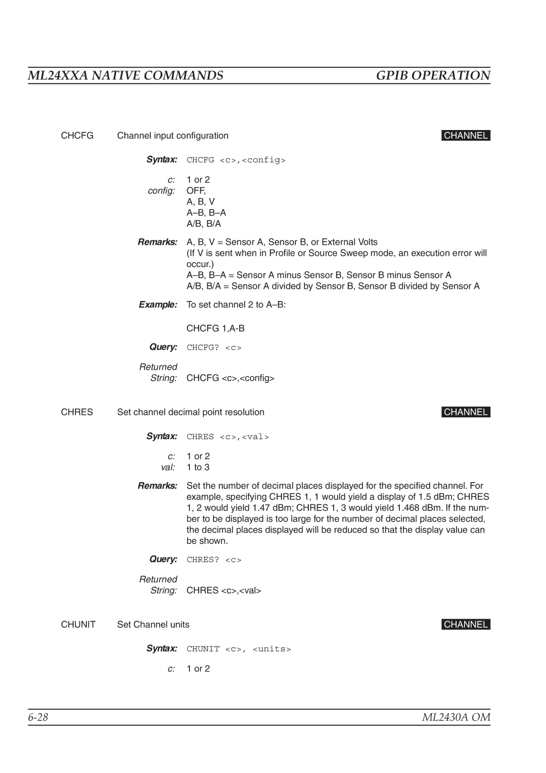 Anritsu ML2430A operation manual Chcfg 1,A-B, Chres, Chunit 