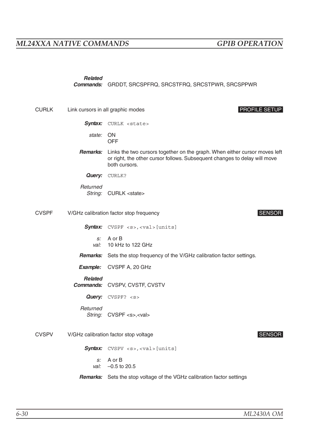 Anritsu ML2430A operation manual Curlk, State on OFF, Query CURLK?, Cvspf, Cvspv 