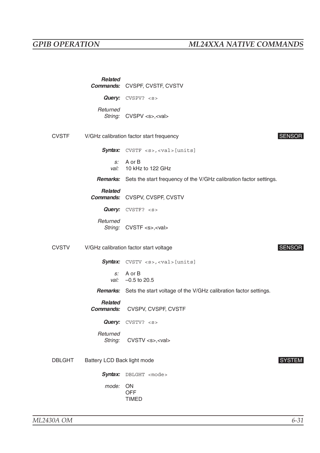 Anritsu ML2430A operation manual Cvstf, Cvstv, Dblght 