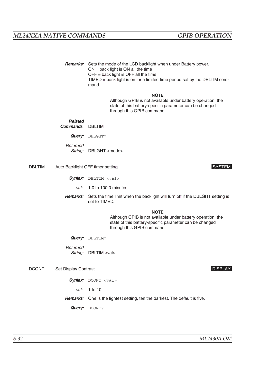 Anritsu ML2430A operation manual Related Commands Dbltim Query DBLGHT?, Query DBLTIM?, Dcont, Query DCONT? 